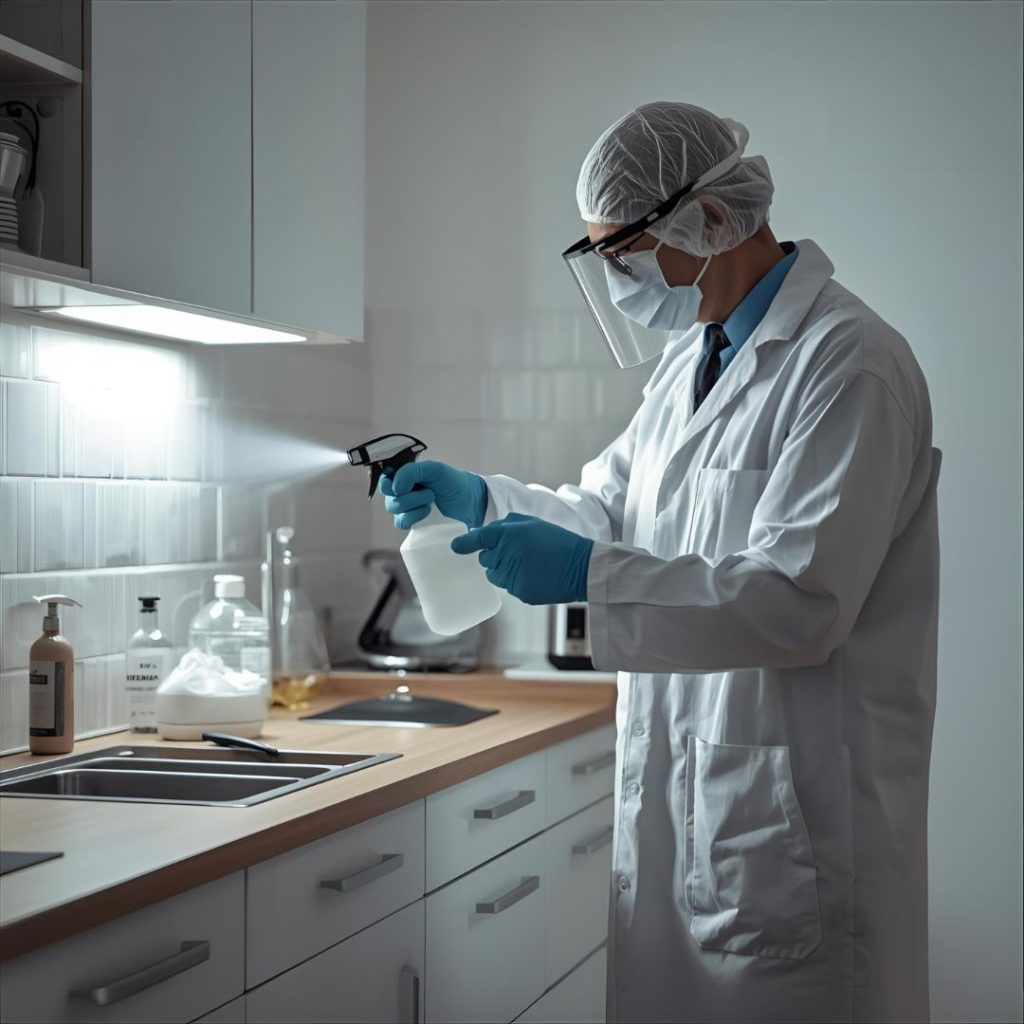 technicien pulvérisant un produit discret dans une cuisine chambre - Service Nuisible
